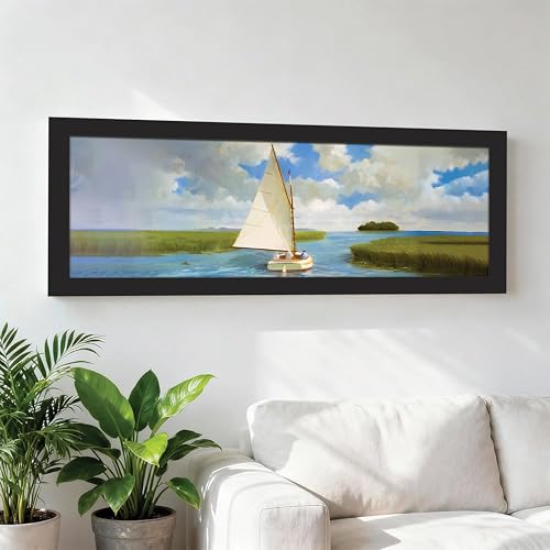 Image of PAINTINGMANTRA Swamp Area with Sailboat Landscape Wall Art Framed Luxury Paintings for Home Decoration, Living room, Bedroom and Office Decoration (99x38 CM)