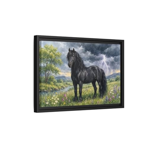 Cadre photo cheval noir décoration de salon au dessus du canapé