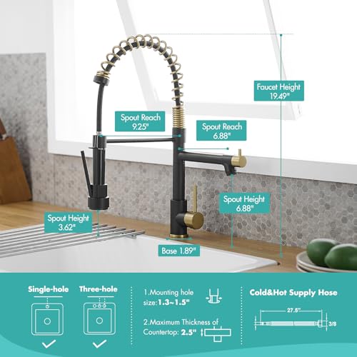 Image of AIMADI Kitchen Faucet,Black and Gold Kitchen Faucet with Sprayer | Commercial Style Matte Black Single Handle Single Hole Kitchen Sink Faucet