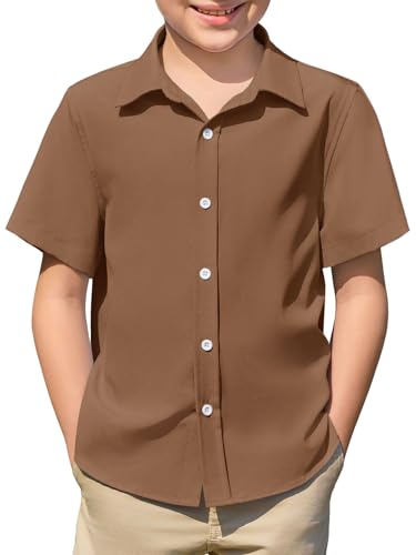 Haloumoning Boys Short Sleeve Dress Shirts Kids Plain Summer School Uniform Button Down Shirt Casual Basic Easy Iron 5-14 Years, Brown, 11-12 Years
