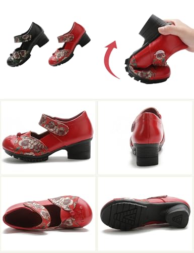 Women's Leather Low Block Heels Dress Pumps,Comfort Vintage Print Woven Closed Toe Ox Soft Sole Mary Jane Casual Shoes2