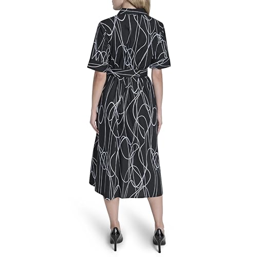 Image of DKNY Women's Short Sleeve Cotton Poplin Collared Midi Shirtdress