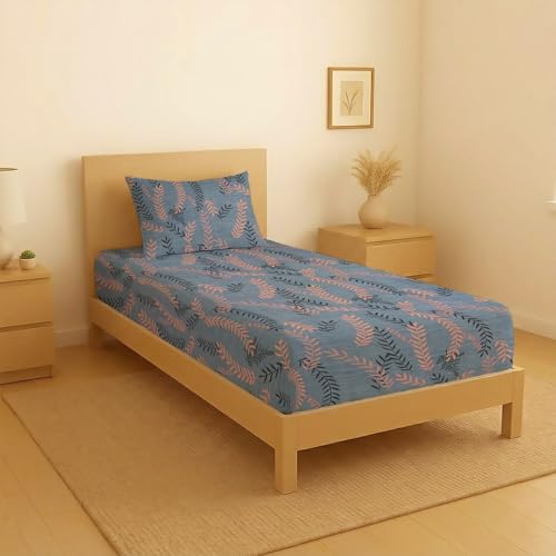 Image of la' amour Pure Cotton All Round Elastic Fitted Bedsheets with 1 Pillow Cover | Single Mattress Bed Breathable| Longlasting | Supersoft Size - 36 x 72 + 6 inches (Abstract, Color - Dark Grey Leaf)