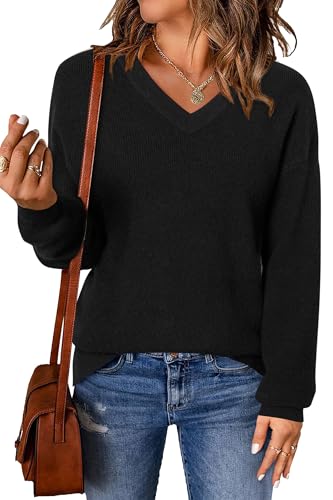 Arach&Cloz Sweaters for Women Wool Blend 2026 Spring Winter Fashion Clothes Pullover Tops Trendy Clothing V Neck Long Sleeve Dressy Business Casual Blouses Knit Cashmere Outfits Black M