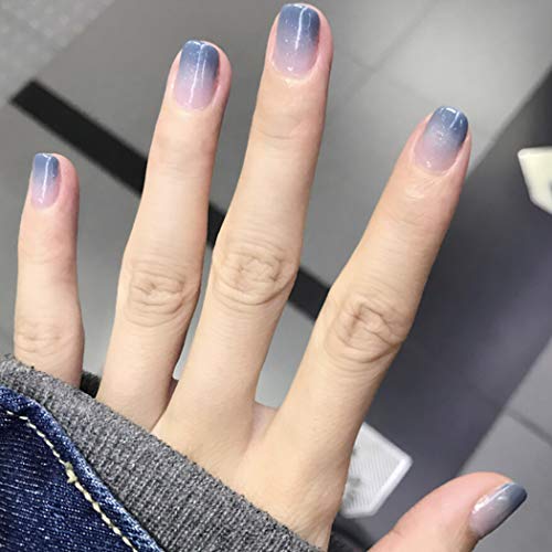 Fdesigner Blue Fake Nails Full Cover False Nails Ombre Press on Nail Tips Cat Eye Short Acrylic Nails Square Artificial Nail Art for Women and Girls 24PCS