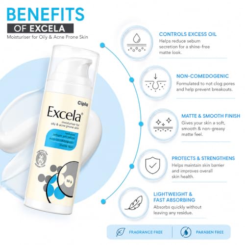 Image of Cipla Excela Moisturiser 50g for Oily & Acne Prone Skin | Grow Key | Non-Comedogenic Oil Control Moisturizer | Matte Feel