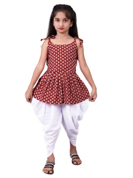 Image of Girls Ethnic Printed Peplum Top and White Dhoti Pant Set | Stylish Sleeveless Kurti with Comfortable Bottom | Traditional Festive Outfit for Kids