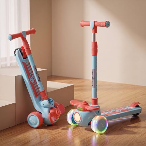 Image of Baybee Skiddo Baby Kick Scooters for Kids with 3 Height Adjustment | Foldable Skating Scooter with Foot Brake | Kids Scooter with RGB Lights & Music | Runner Scooters for Kid 2-10 Years (RED /Blue)