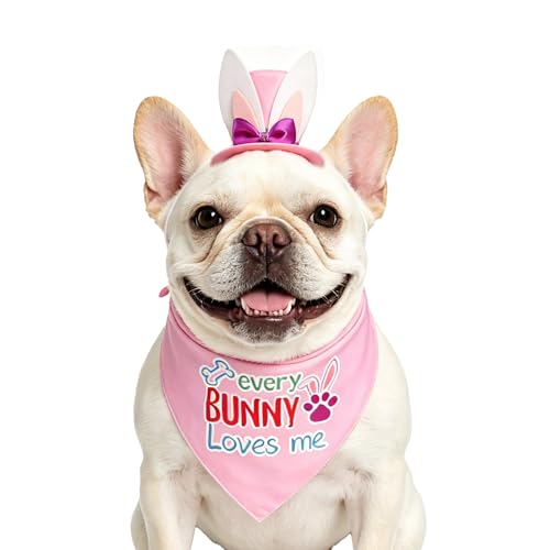 PUPTECK Easter Dog Bandana Outfit Scarf with Cute Doggy Bunny Ears Hat Costume Decorations Supplies for Small Medium Large Dogs Boy Girl Gifts LightPink