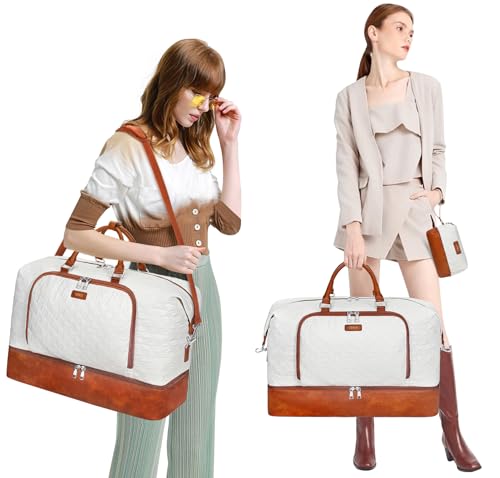 Image of Travel Weekender Bag for Women, Overnight Bag with Shoe Compartment, Oversized Travel Duffel Bag Carry On Tote with Trolley Sleeve 21 inch for Weekend Travel Business Trip, White Houndstooth 3pcs, Large