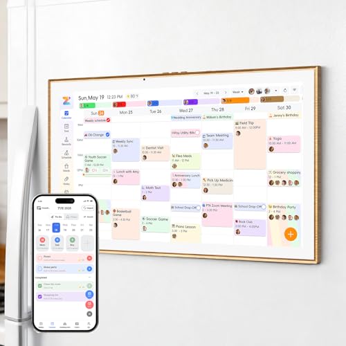 JSUSOU Magnetic Fridge Smart Digital Calendar 21.5" with FREE APP, Auto Sync Electronic Planner for Desk & Wall Touch Screen, Magnetic Refrigerator Mounted, Family Chore Chart, Teak Wood Grain