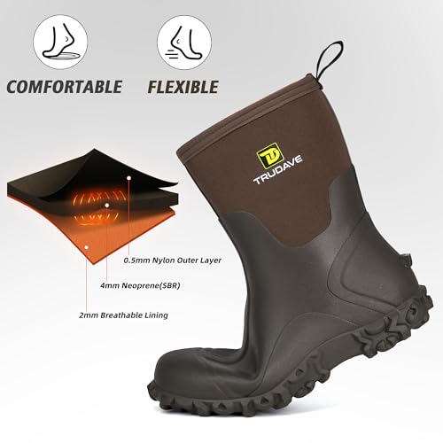 Image of Trudave Rubber Boots for Men, 6mm Neoprene Insulated Mud Boots with Steel Shank, Men's Mid Calf Waterproof Rain Boots,Anti-Slip Rubber Work Boots for Farming Gardening Fishing,Size 7-13