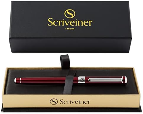 Scriveiner Deep Crimson Red Rollerball - Stunning Red Lacquer Luxury Pen with Chrome Finish, Schmidt Ink Refills, Roller Ball Pen Gift Set for Men & Women, Professional, Executive, Office, Nice Pens