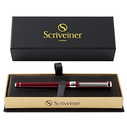 Scriveiner Deep Crimson Red Rollerball - Stunning Red Lacquer Luxury Pen With Chrome Finish, Schmidt Ink Refills, Roller Ball Pen Gift Set For Men & Women, Professional, Executive, Office, Nice Pens #TOP5