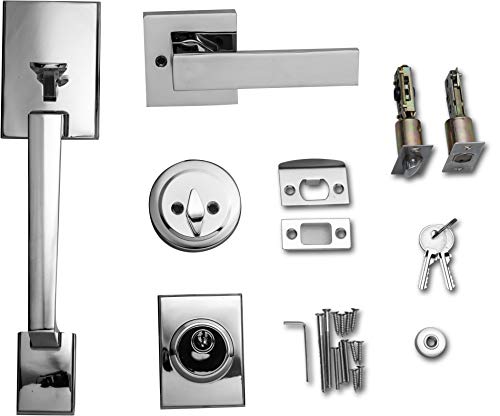 Berlin Modisch Single Cylinder Handleset With Lever Door Handle (For Entrance And Front Door) Reversible For Right And Left Handed And A Single Cylinder Deadbolt Handle Set Polished Chrome Finish #TOP3