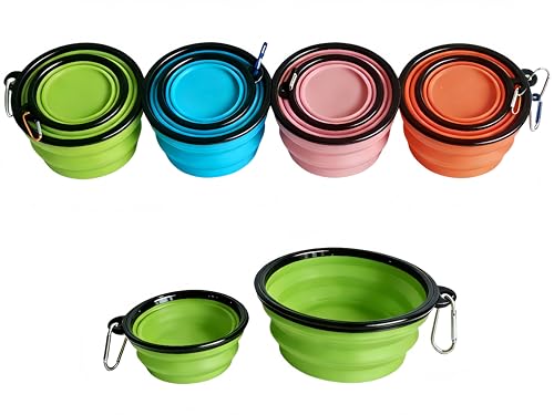RQzaufania Ciotole pieghevoli per cani con moschettone, il bordo sagomato impedisce la piegatura. 2 confezioni di cibo da viaggio e ciotole d'acqua per cani (verde, 350 ml + 1000 ml)