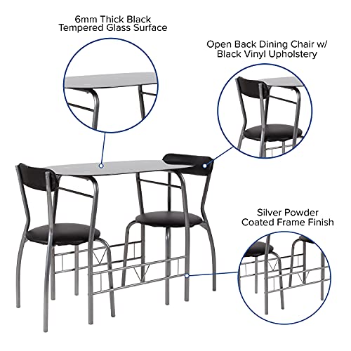 Flash Furniture Sutton 3 Piece Space-Saver Bistro Set With Black Glass Top Table And Black Vinyl Padded Chairs #TOP2