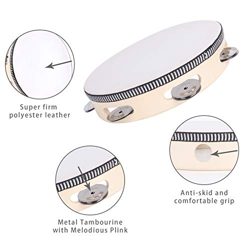 8 inch Tambourine for Adults, Wood Handheld Tambourine Single Row 6 Pairs Jingles