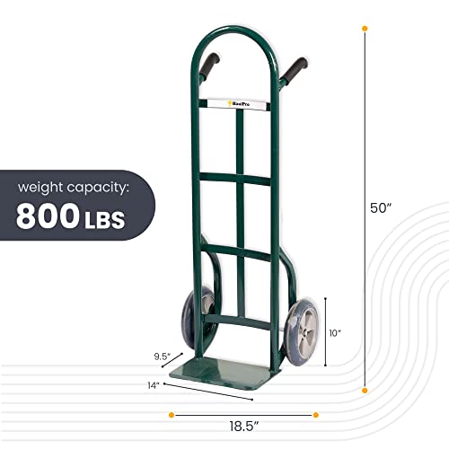 Haulpro Heavy Duty Hand Truck With Double-Grip Handle - Steel Dolly Cart For Moving - 800 Pound Capacity - 10" - Rubber Wheels - 50" H X 18.5" W With 14" X 9.5" Nose Plate - Green #TOP1