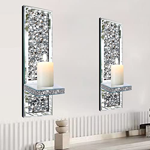 Zolapi Set Of 2 Crystal Crush Diamond Candle Sconces, Gorgeous Silver Mirrored Wall Sconce, Candle Holder Glass Wall Decorations For Home Décor, Living Room, Dining Room. #TOP5
