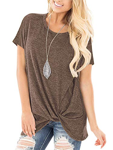 Womens Short Sleeve Shirts Loose Fitting Tops Tunics Wear with Leggings Brown M