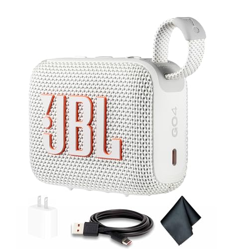 JBL Go 4 Portable Bluetooth Speaker, Built-in Battery, Waterproof and Dustproof - White (JBLGO4WEAM) + USB-C Adapter + Microfiber Cloth