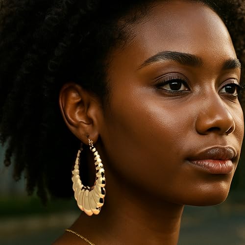 Gold Plated Hoop Earrings for Women – 2 Inch Oval Shaped Shrimp Puffy Scalloped Door Knocker Style – Women's Fashion Jewelry with Box2