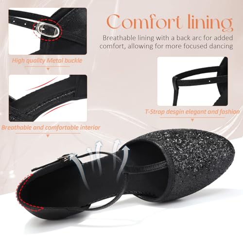 Women Latin Dance Shoes Sequin Closed Toe T-Strap Ballroom Salsa Tango Party Performance Dance Shoes,Model FT-1352