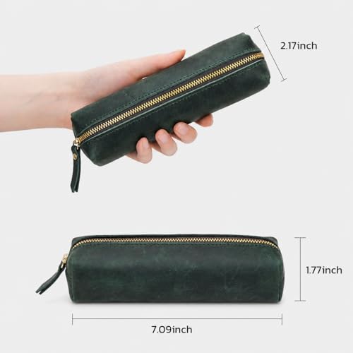 Image of ECHSRT Small Genuine Leather Pencil Pouch for Adults, Green | Crazy Horse Leather Finish, Compact Writing Instrument Storage