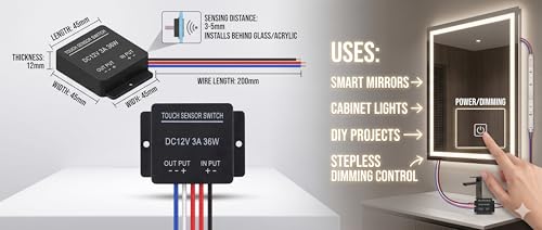Image of Touch Sensor Switch DC 12V 3A 36W, Stepless Dimming Controller for LED Strip Lights, Mirror Wardrobes and Bathroom Mirrors