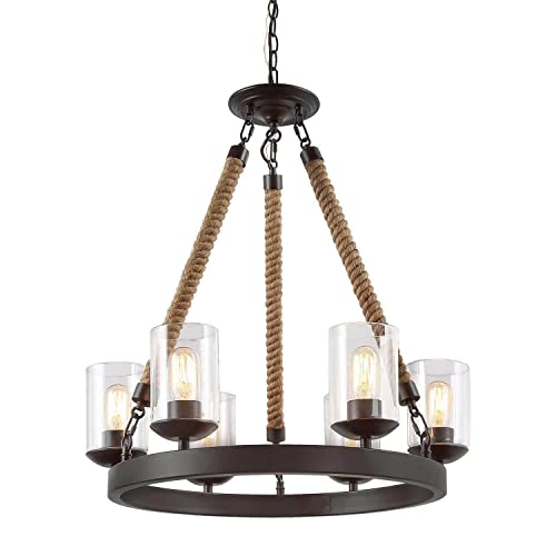Lnc Farmhouse Chandelier, Round Wagon Wheel 6-Light Fixture With Clear Glass Shades For Dining Room, Living Room, Bedroom, Kitchen Island And Foyer #TOP14