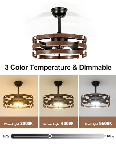 Image of Roomratv Farmhouse Fandelier Ceiling Fan with Lights, 20'' Caged Bladeless Ceiling Fan with Remote, Enclosed Small Fan Light Fixtures for Bedroom Living Room