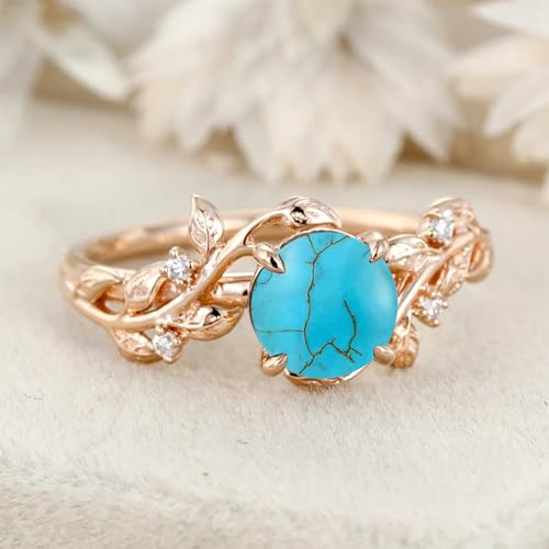 10K 14K 18K Gold 1 Carat Round-Cut Gemstone Vintage Engagement Ring for Women Nature Inspired Birthstone Leaf Vine Wedding Promise Anniversary Rings for Her Wife Bridal Size 4~12-Turquoise2
