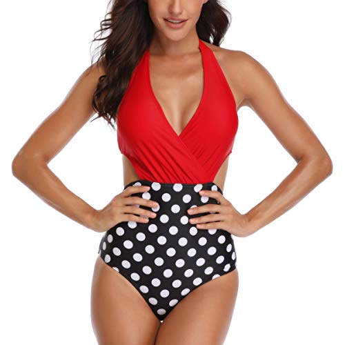 Bañador con Falda Traje de baño de Una Pieza Halter para Mujer Cintura Alta Escotado por detrás Sexy Bañadores para Dama