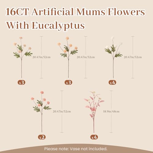 Alupssuc 16 PCS Faux Flowers for Vase Artificial Silk Mums with Eucalyptus, Fake Chrysanthemum Floral with Adjustable Long Stem for Dining Table Centerpiece Home Decoration Indoor, image 7