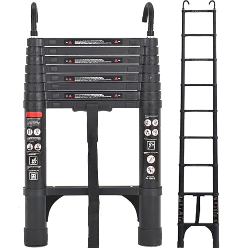 Exleiter Aluminum Telescoping Ladder, 2.6M/8.5FT Portable Extension Ladder with 2 Detachable Hooks Extendable Folding Anti-Slip Loft Ladder with Certificate EN 131, Black