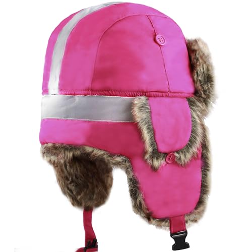 Image of Faux Fur Safety Reflective Aviator Trapper Hat Snow Ski Trooper Winter Cap