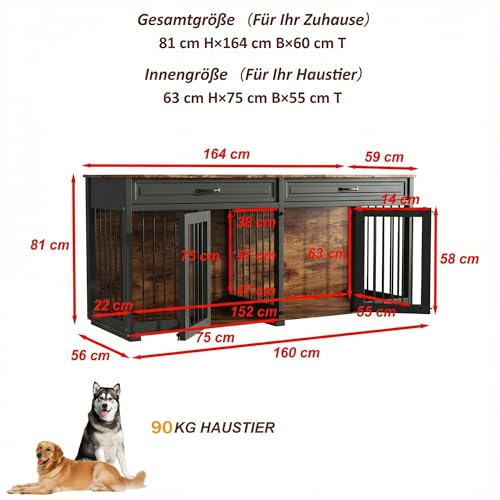 Hundekäfig Schrank XXL, Hundekäfig mit 2 Schubladen und 2 Türen, Hundebox für Zuhause Große/Mittlere Hunde,Beistelltisch, Hundehütte Indoor, Hundehaus für Zuhause, Schwarz, 164 x 60 x 80 cm, Eisen