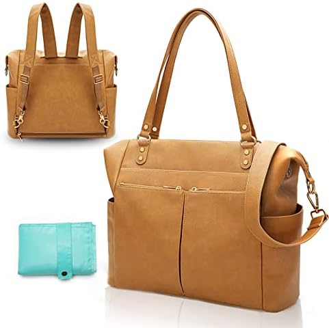 MOMINSIDE Diaper Bag Tote Leather Diaper Bag Backpack with 14 Pockets for Mom Dad, Baby Registry Search, Large Travel Baby Bag for Boys Girls with 4 Insulated Pockets, Changing Pad (Biscuit)