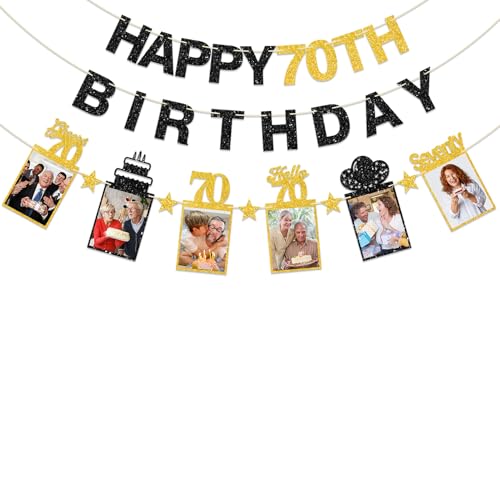 Image of Guiruiy Black Gold 70th Birthday Decorations for Men Women, Pre-strung Glitter Happy 70th Birthday Hanging Photo Banner Party Supplies, Cheers to 70 Years Old Bday Banners