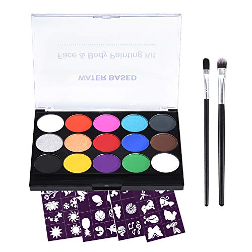 Face Paint Kit for Kids, 15 Colors Water Based Face Body Painting Palette with 2 Brushes 4 Sheets Stencils, Professional Halloween, Festivals, Theater, Special Effects Makeup Kit