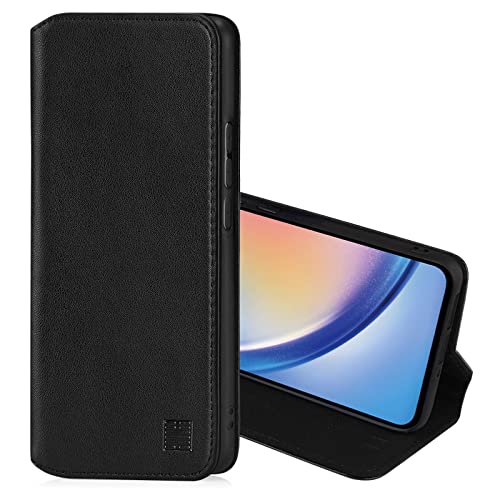 32nd Classic Series 2.0 - Real Leather Book Wallet Flip Case Cover For Samsung Galaxy A34 (2023), With RFID Blocking Card Slot, Magnetic Closure and Built In Stand - Black