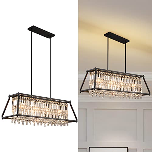 Image of LMQNINE Chandeliers for Dining Room, 4-Light Trapezoidal Industrial Dining Room Light Fixture Farmhouse Chandelier Crystal Pendant Lights Kitchen Island Living Room (Black 35.43 inch)