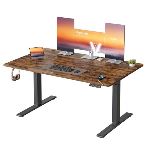 VASAGLE Escritorio Ajustable en Altura, 140 x 80 cm, Puerto USB-C, Estante para Regleta Eléctrica, Recordatorio de Sedentarismo, 3 Botones de Memoria, para Oficina, Marrón Rústico LSD144KD02