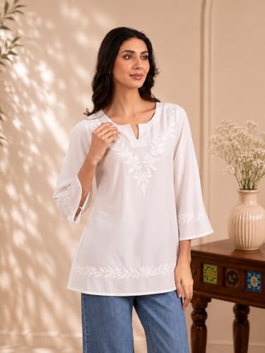 Image of QAZMI Women Kashmiri Aari Embroidered Viscose Rayon A-Line Short Kurti with Bell Sleeves