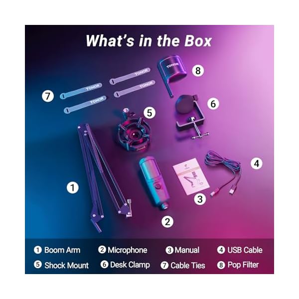 TONOR USB Gaming Microphone Kit for PC, Cardioid Condenser Computer Mic Bundle with RGB, Adjustment Boom Arm Stand for Podcast Streaming Recording Studio Singing Discord YouTube PS4/5 Gamer TC40 RGB - Image 8
