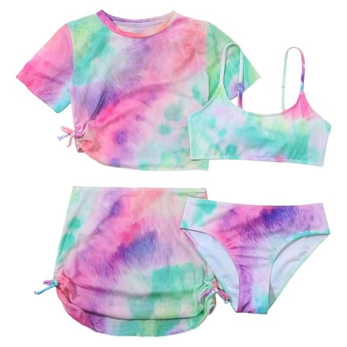Girl's 4 Piece Bikini Swimsuit Toddler Girl Tie Dye Prints Bathing Suit Short Sleeves Top and Shorts