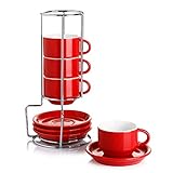 Sweese 405.404 Porcelain Stackable Espresso Cups with Saucers and Metal Stand - 4 Ounce - Set of 4,...