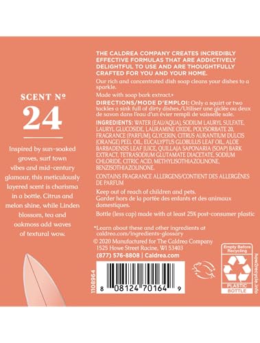 Image of Caldrea Dish Soap, Biodegradable Dishwashing Liquid made With Soap Bark And Aloe Vera, Tangelo Palm Frond Scent, 16 Oz
