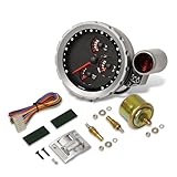 AJP Distributors 5.5' Silver Bezel Carbon Fiber Face 4-in-1 Analog Tachometer 12K RPM Tach Gauge w/Oil & Water Temperature Pressure + External LED Shift Light Compatible/Replacement For Universal Car